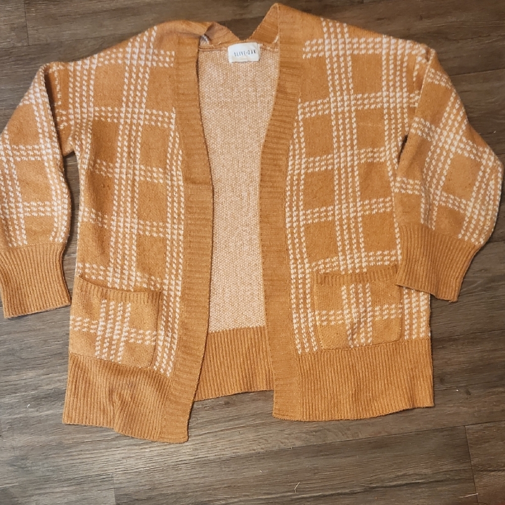 Olive & Oak Mustard Plaid Open-Front Cardigan Sweater
